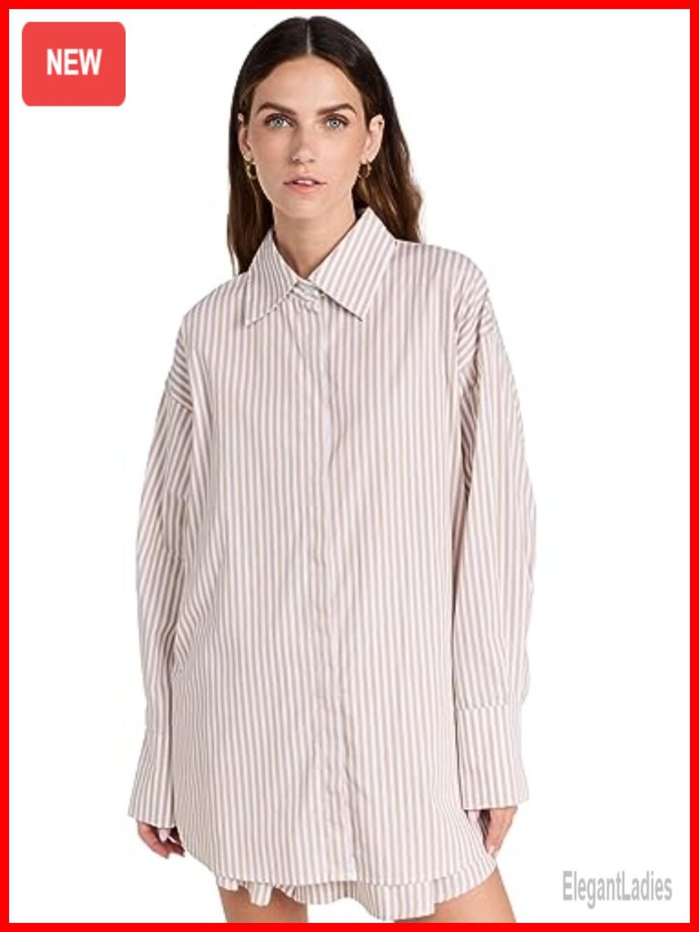 Women's Oversized Striped Button Down Shirt Lightweight Poplin Collared